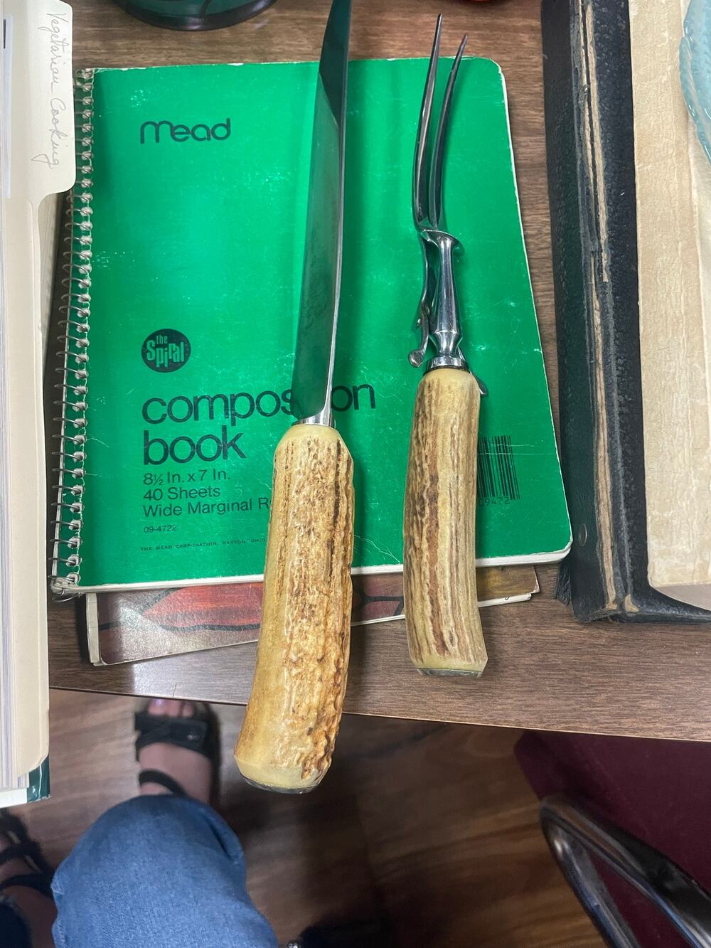 Vintage Antler Handle Carving Knife Fork Set Folding Rest Unmarked 1890-1910